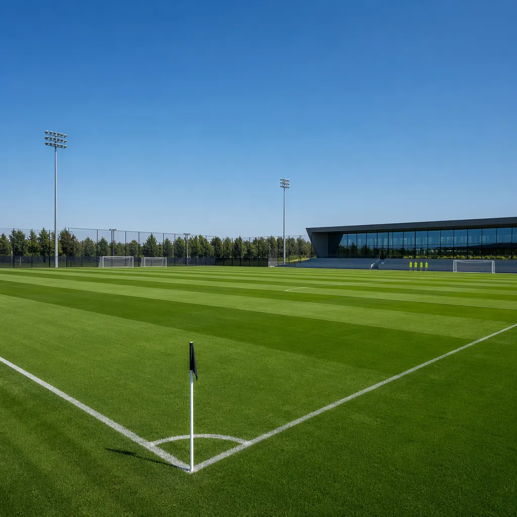 Wide shot of a modern empty football training ground with lush green grass, clea