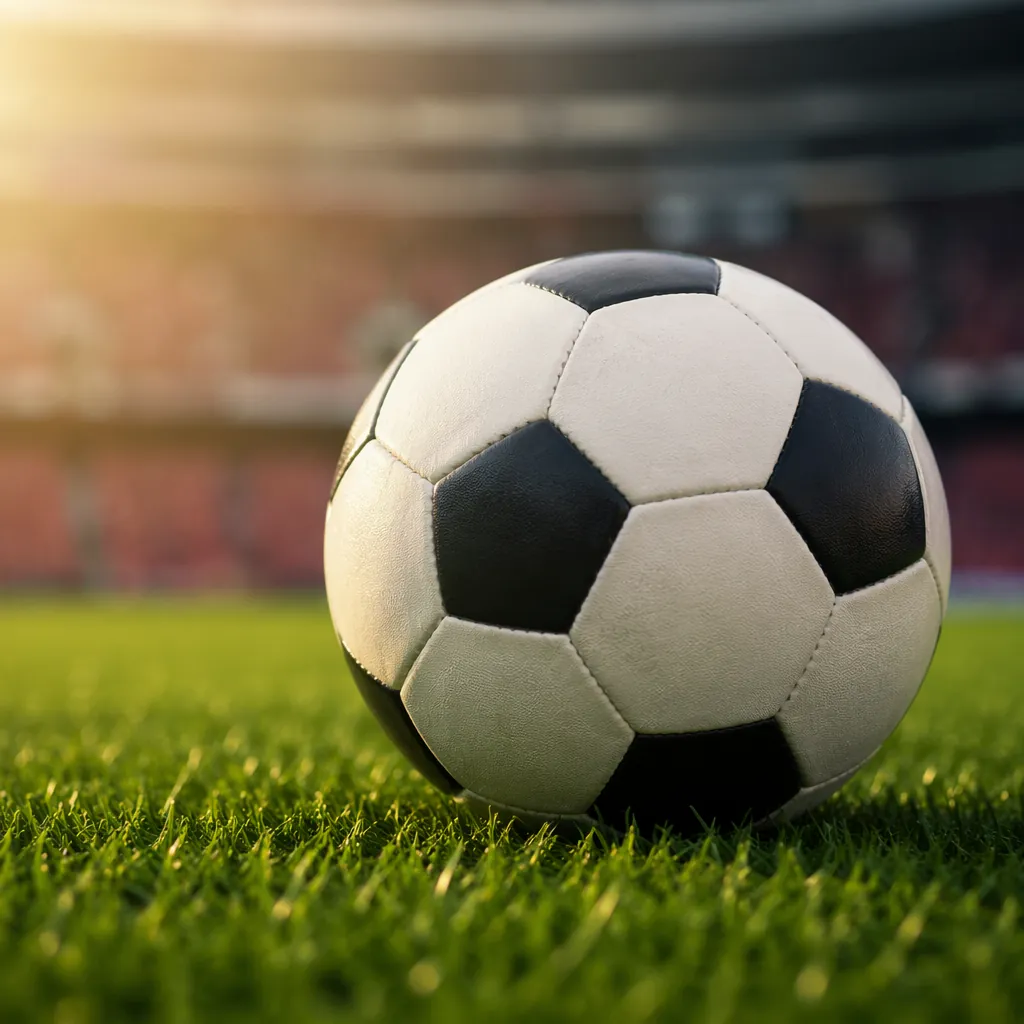 Close-up shot of a standard football resting on green grass pitch, soft sunlight
