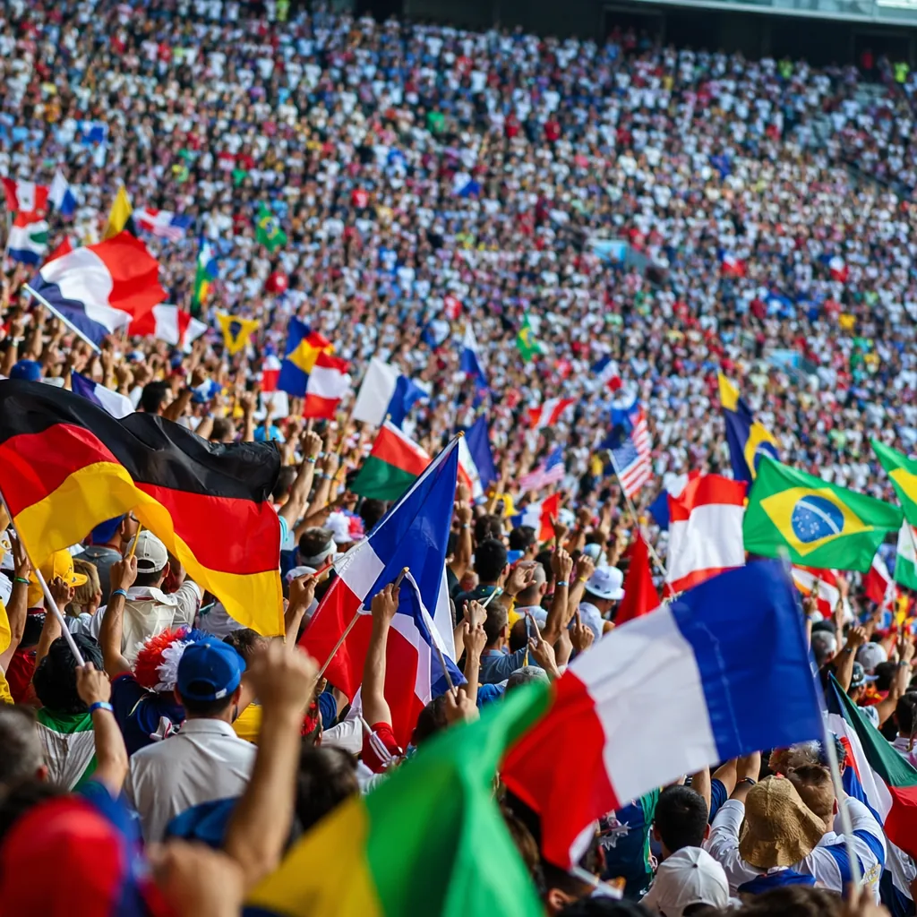 Wide shot of generic football fans waving colorful national flags in stadium sta