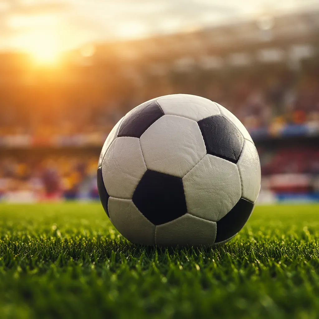 Close up shot of a soccer ball on a well-maintained green grass pitch, blurred c