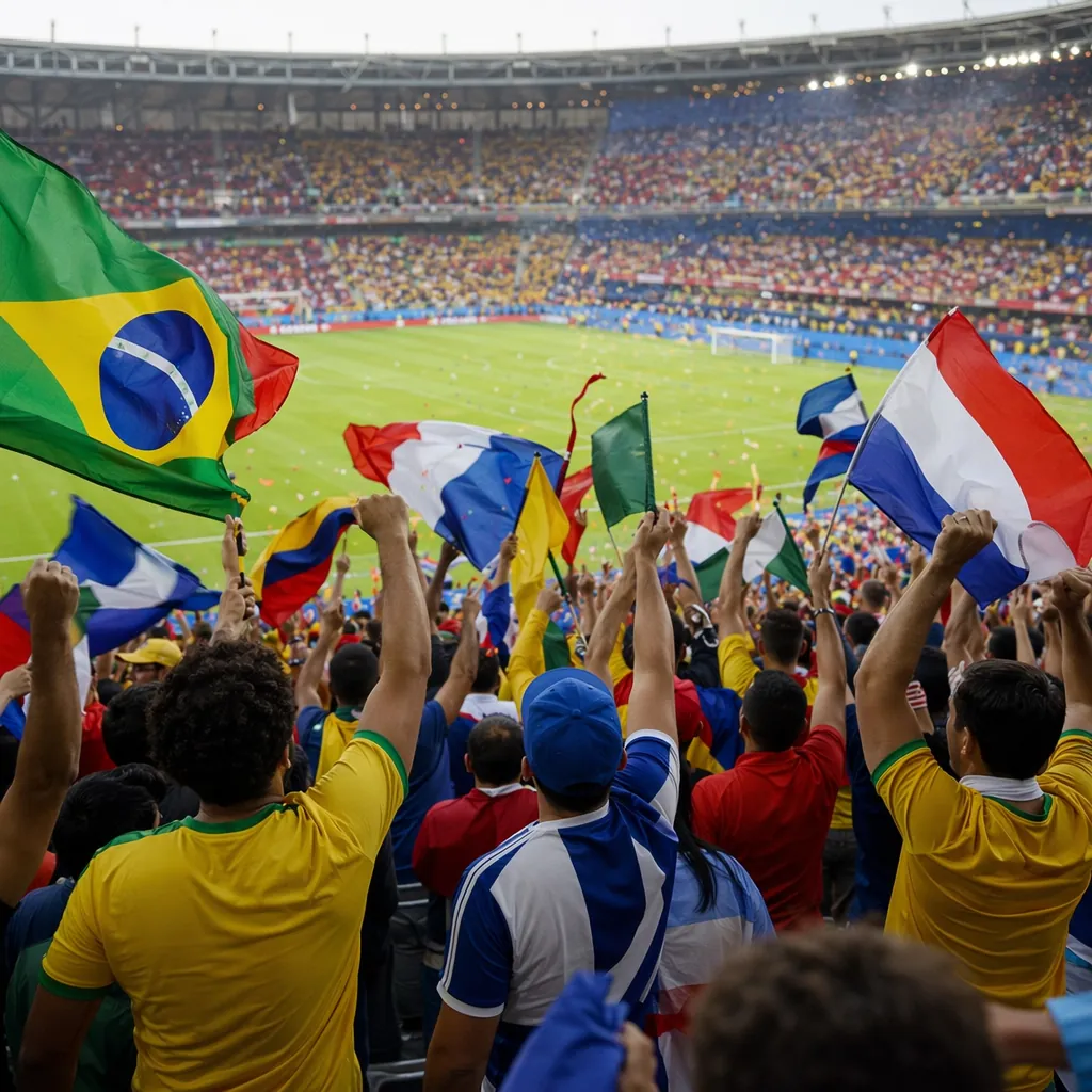Wide shot of soccer fans celebrating in the stadium stands, wearing generic nati