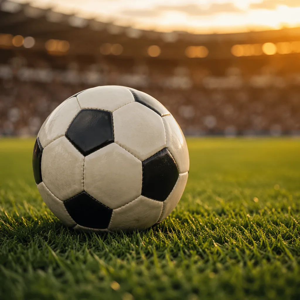 Close up of a soccer ball on a well-maintained grass pitch, blurred stadium stan