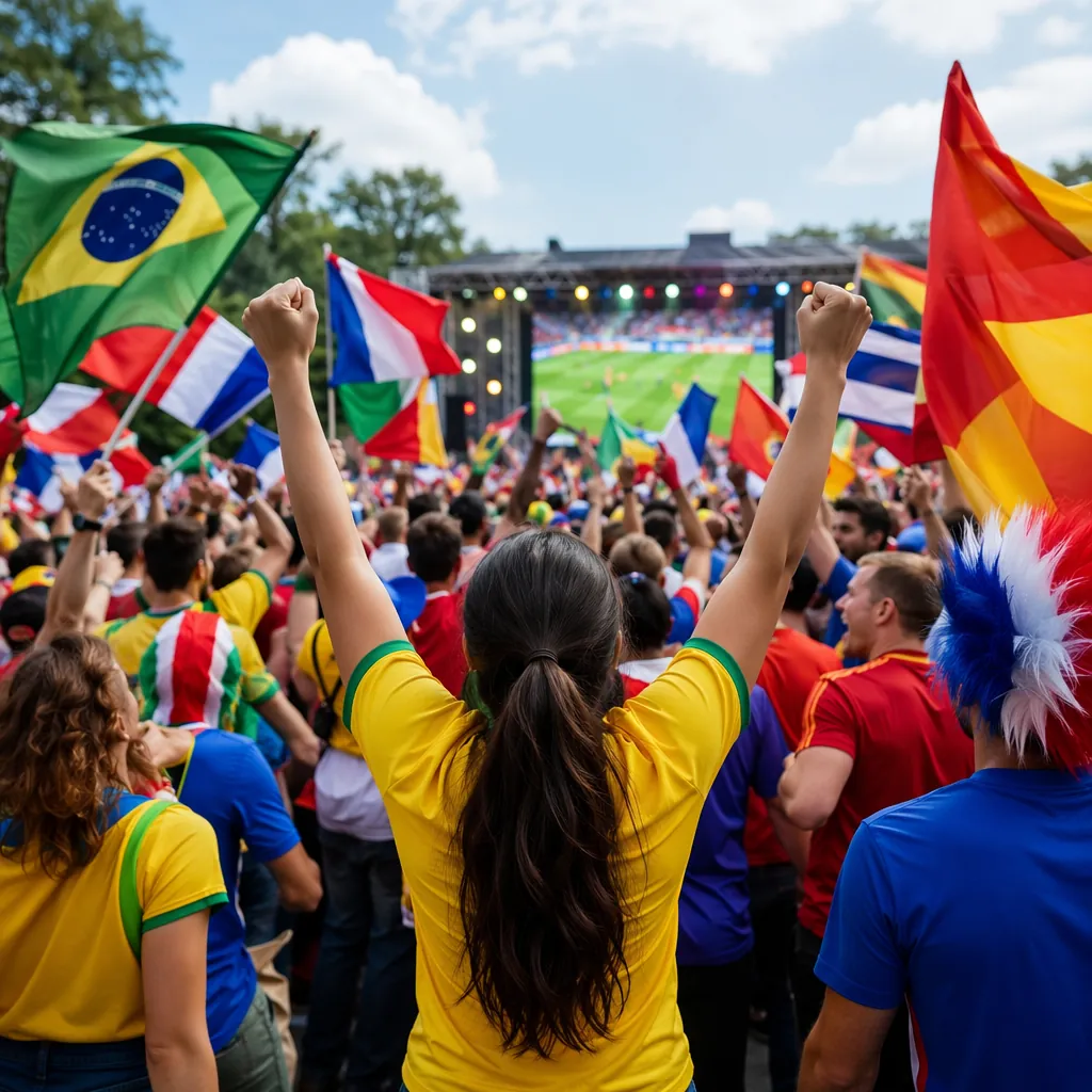 Wide shot of soccer fans wearing generic national team jerseys celebrating in a 