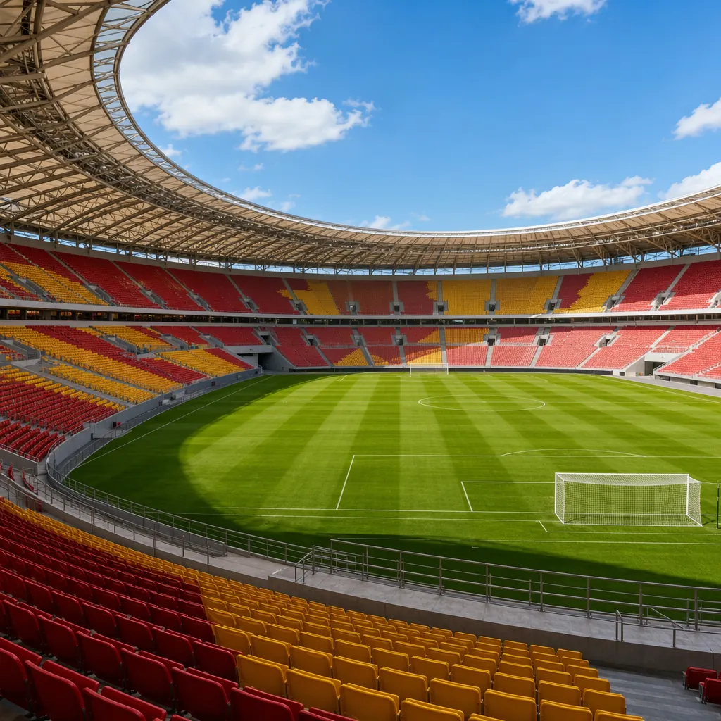 Wide shot of modern football stadium interior before match, empty seats in red a