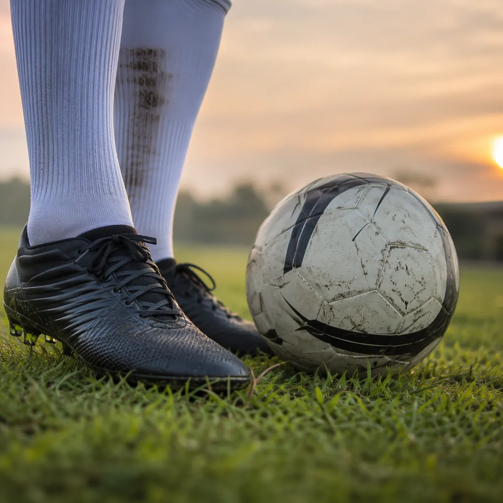 Close-up of football boots and a match ball on grass, soft sunset light, no bran