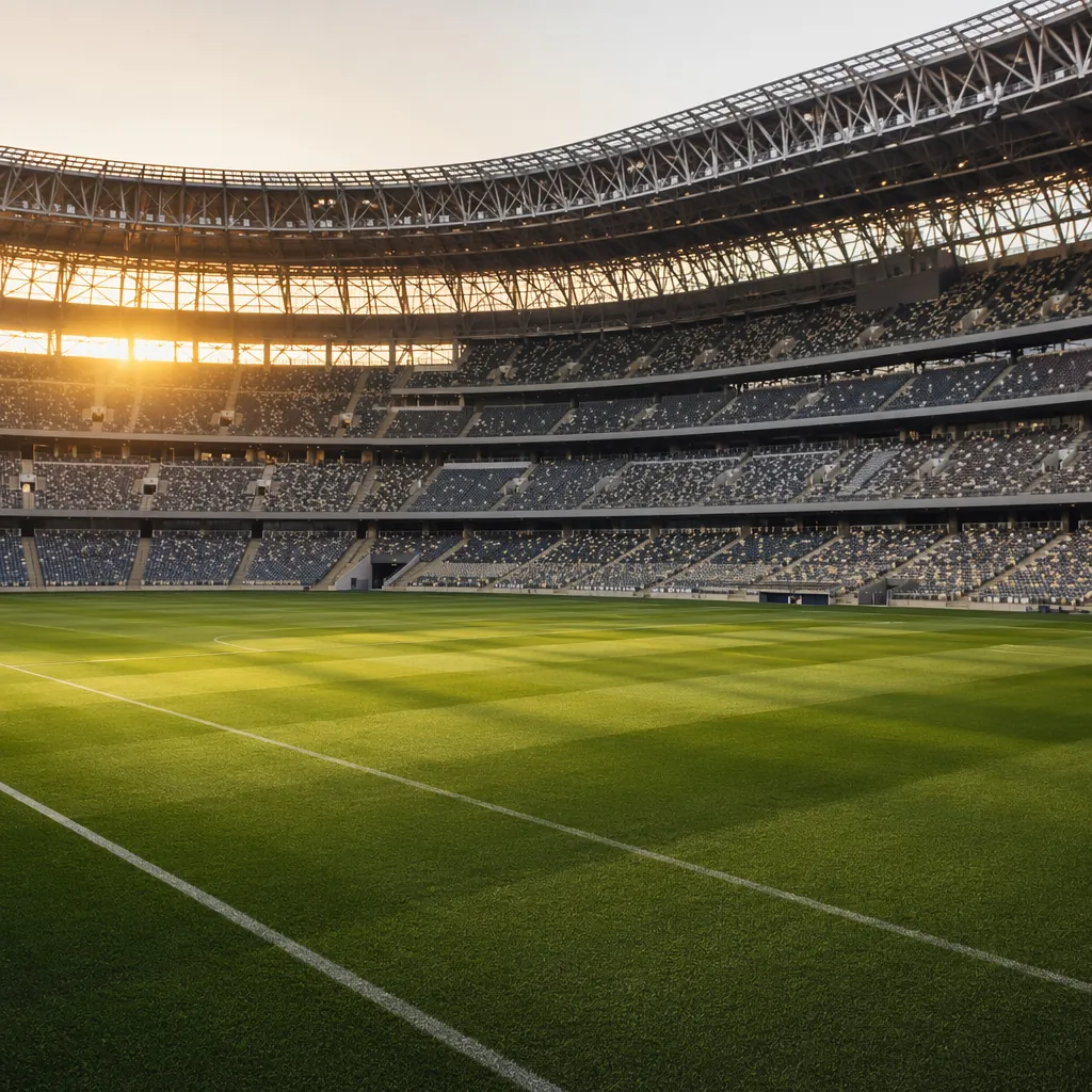Wide shot of a modern world cup football stadium before match, empty spectator s