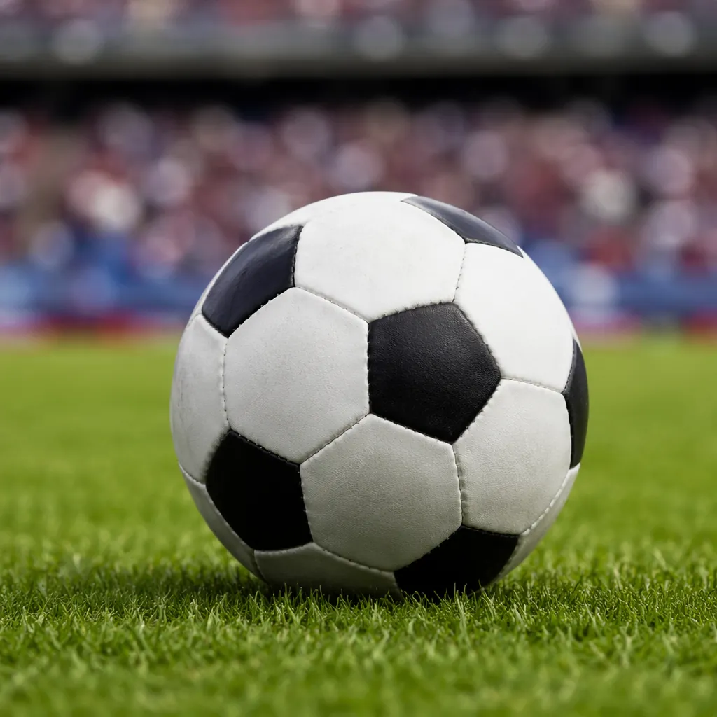 Close up shot of a standard football match ball on green grass, blurred stadium 