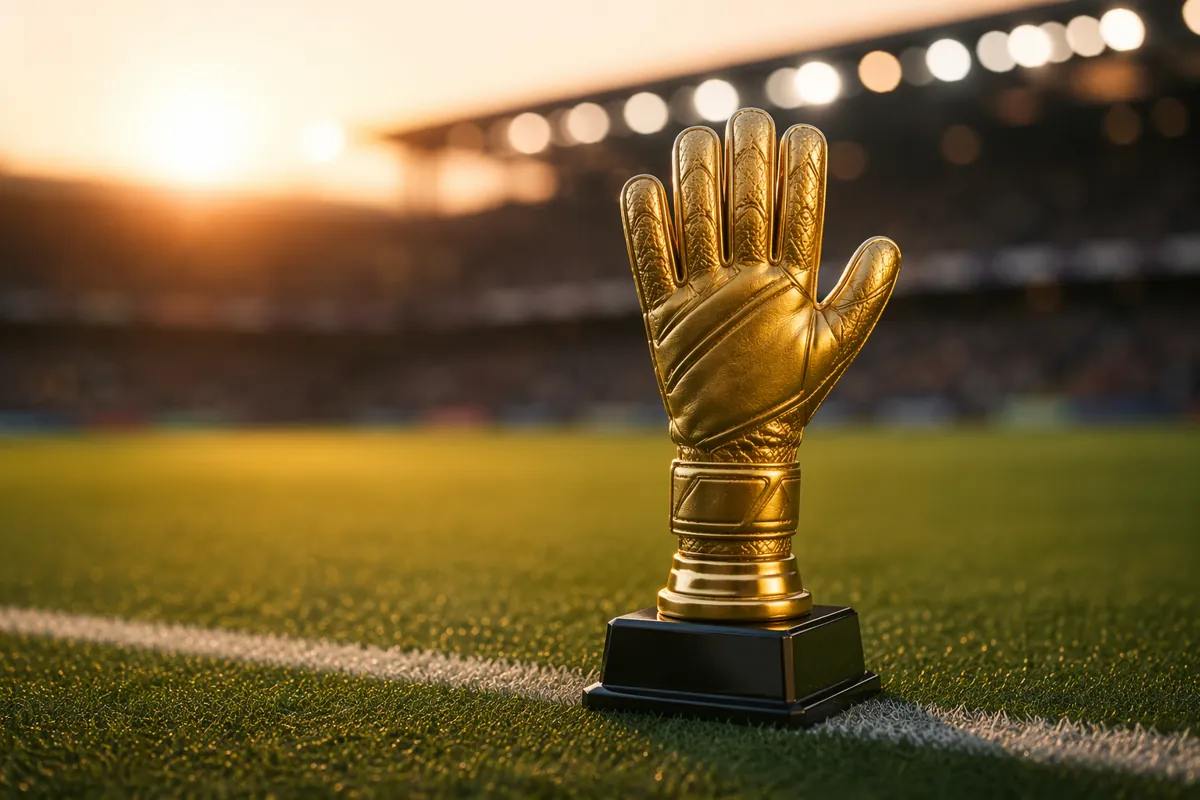 A wide shot of a golden goalkeeper glove trophy placed on a green football pitch, with blu