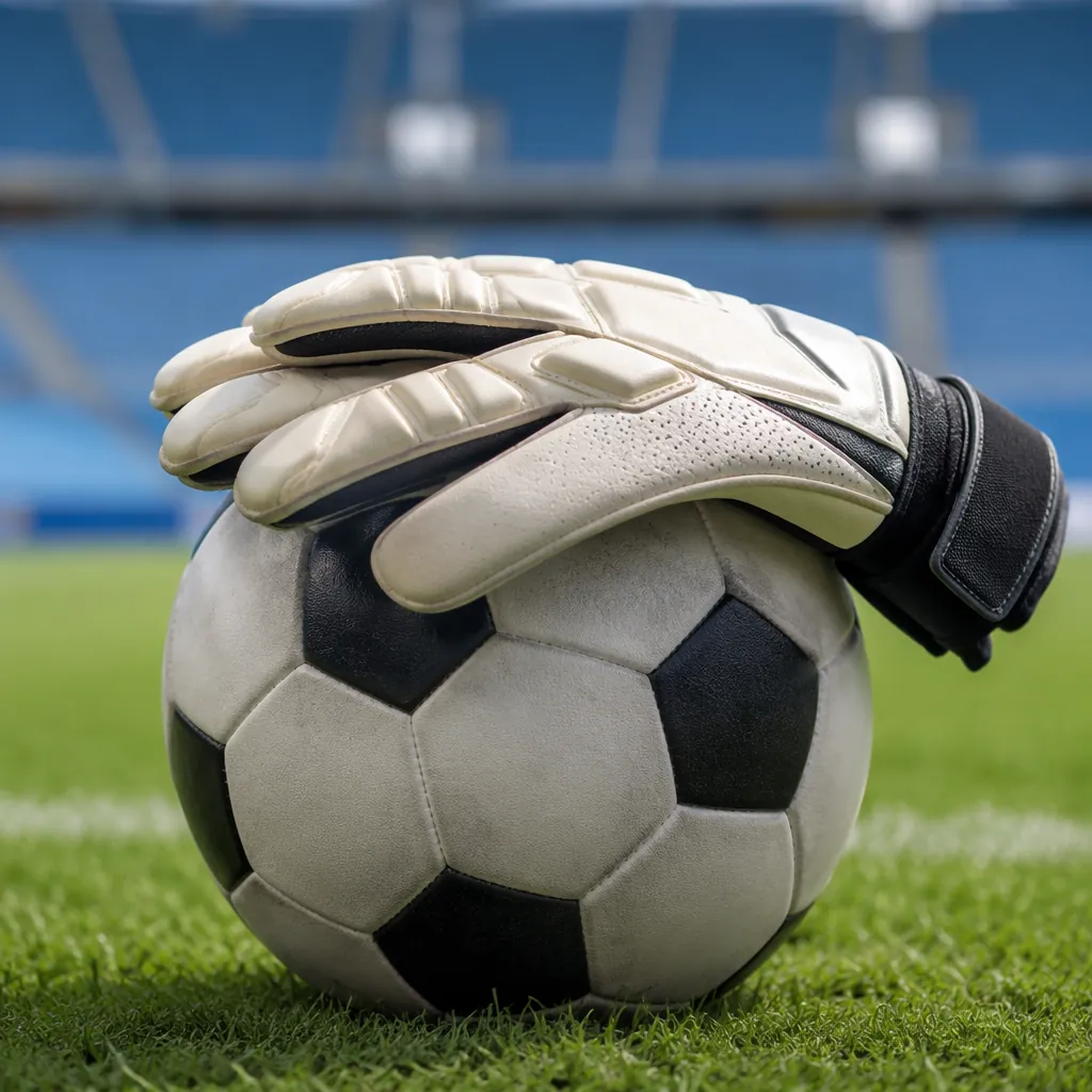 A close up shot of goalkeeper gloves resting on a football, with blurred stadium