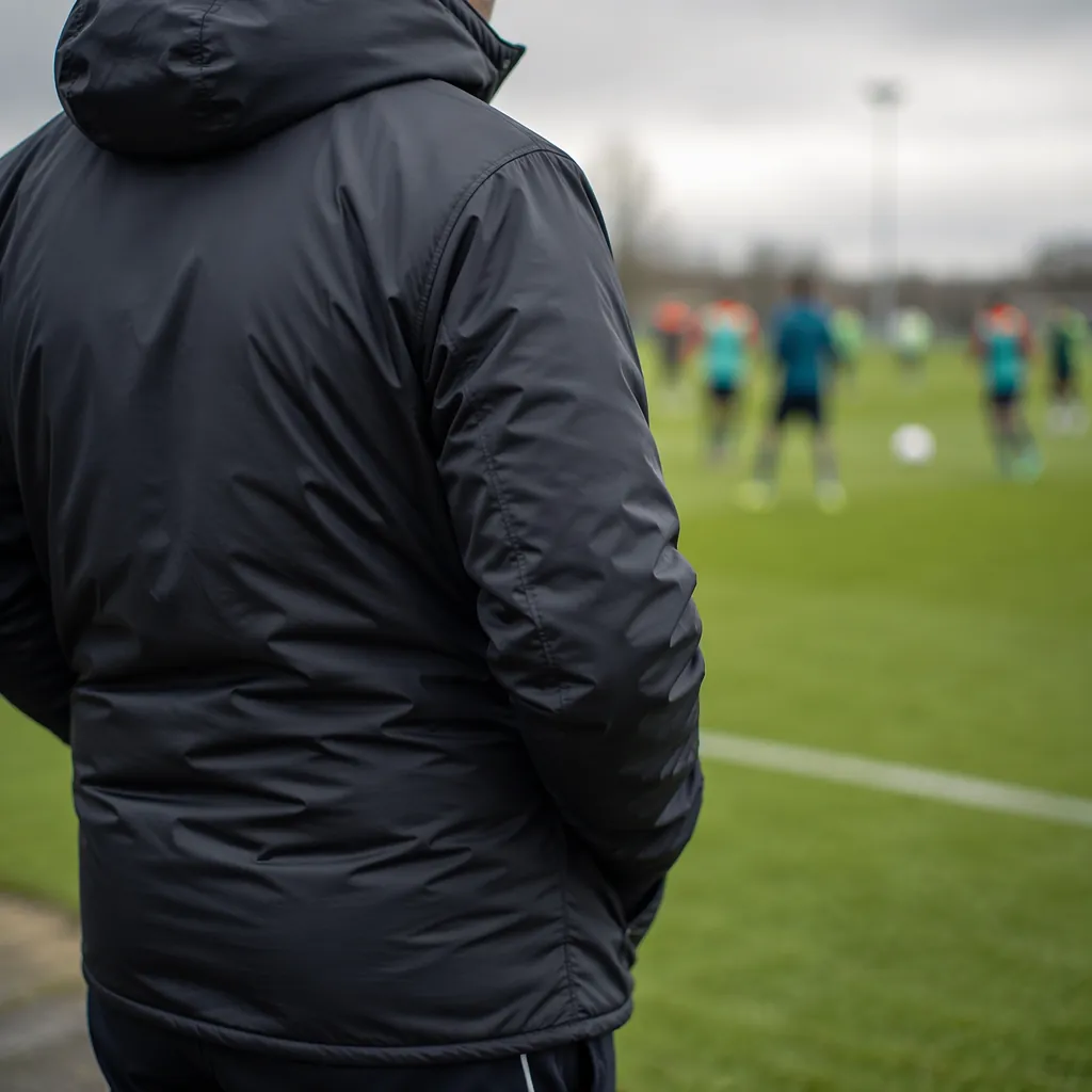 Close up shot of a soccer coach in a dark training jacket standing on the sideli