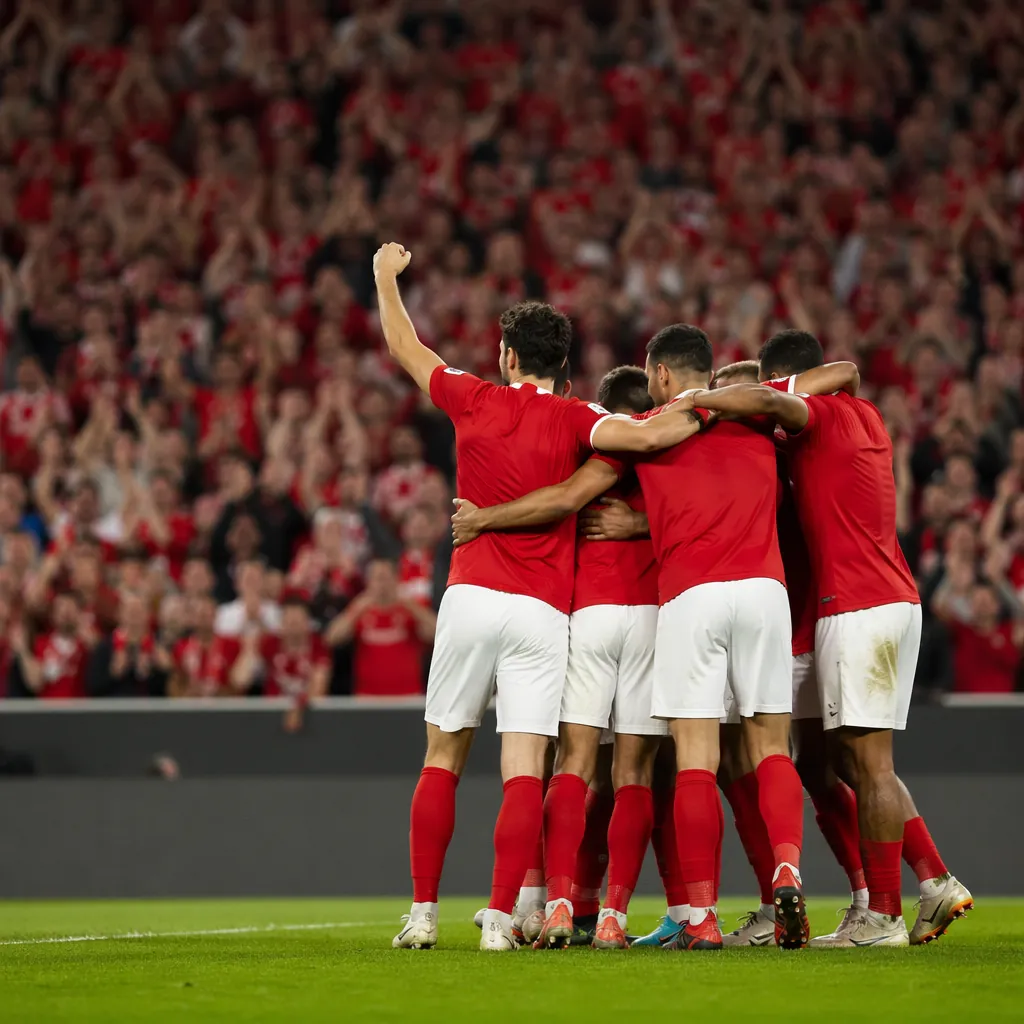 Wide shot of a group of soccer players in red jerseys celebrating together on th
