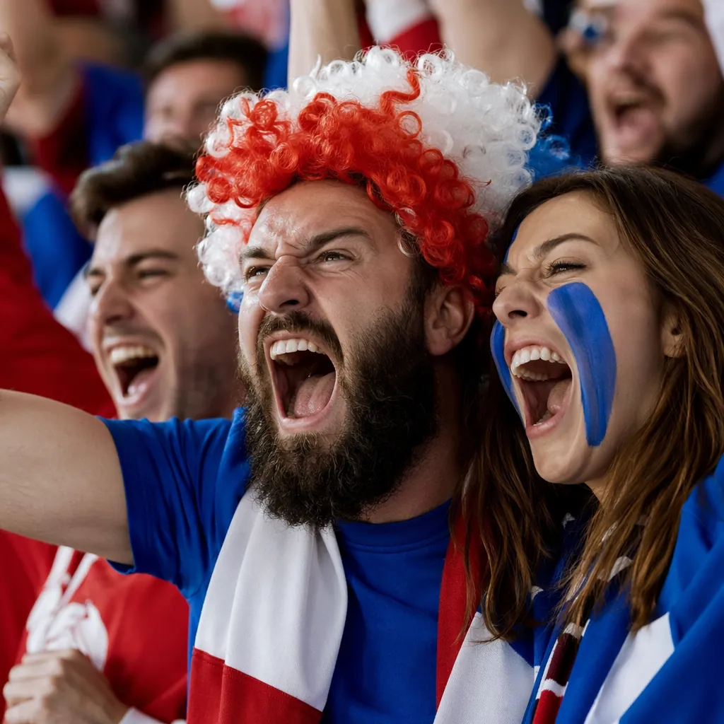 Close up candid shot of excited football fans cheering in stadium stands, exagge