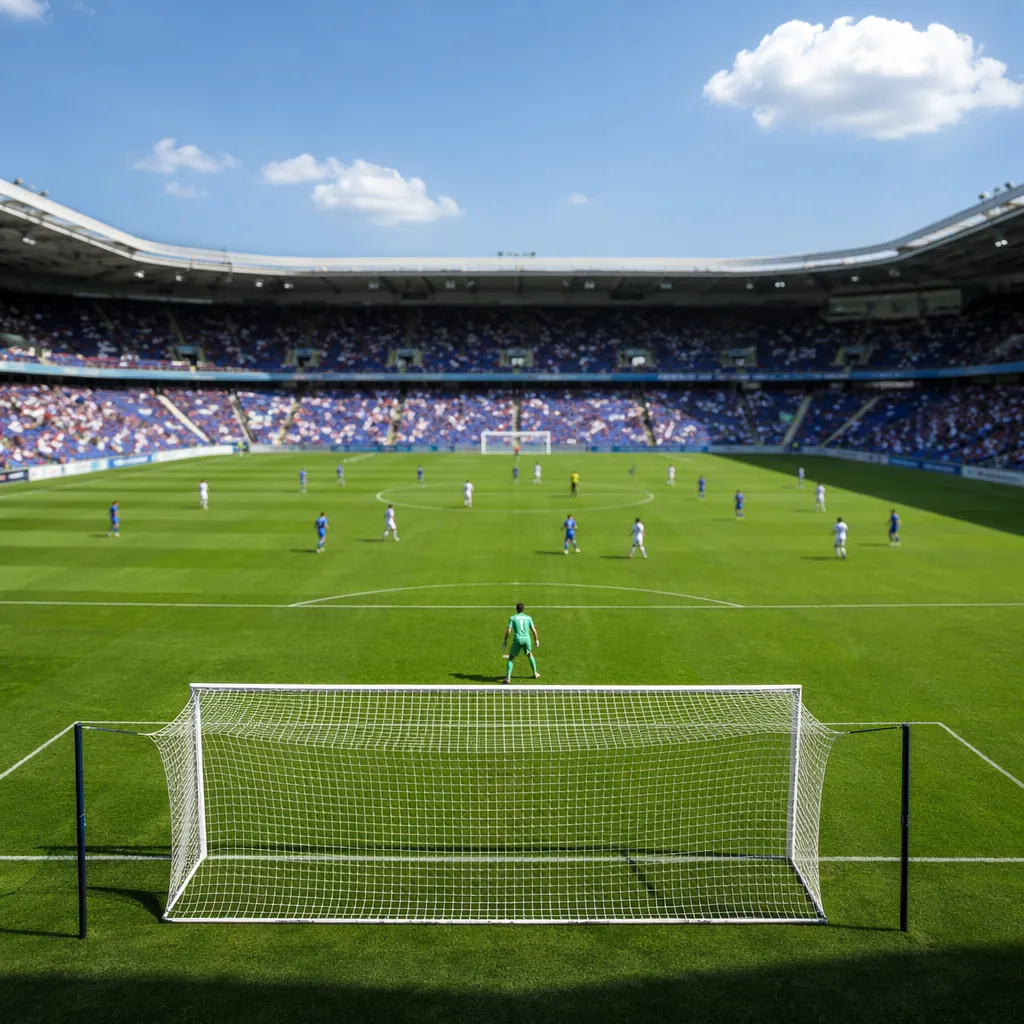Wide shot of a football pitch during a match, blurred players in the distance, c