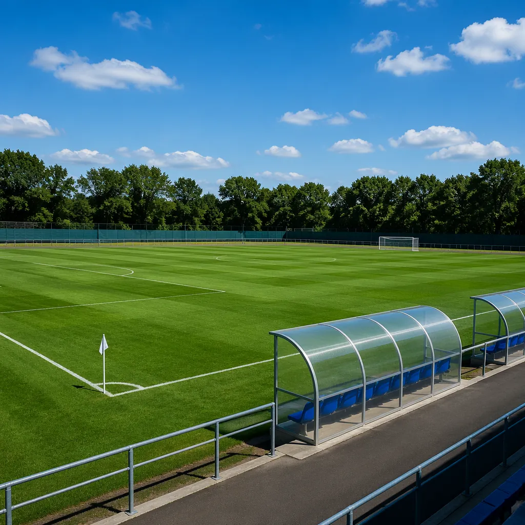 Wide shot of a well-maintained soccer pitch with empty player benches, bright da