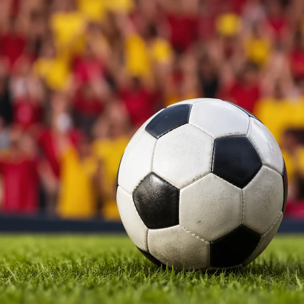 Close up of a soccer ball resting on green grass, blurred background of cheering