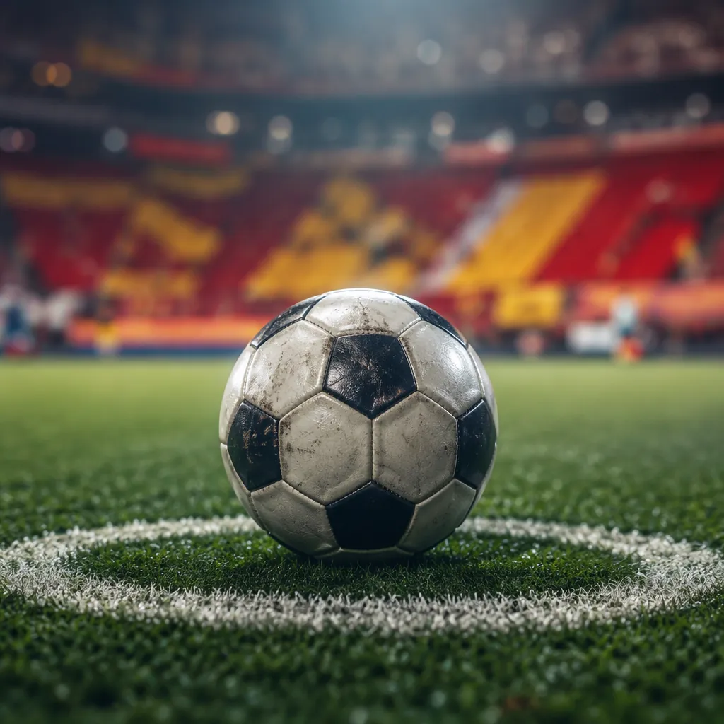 Close up of a football resting on the center spot of a professional football pit