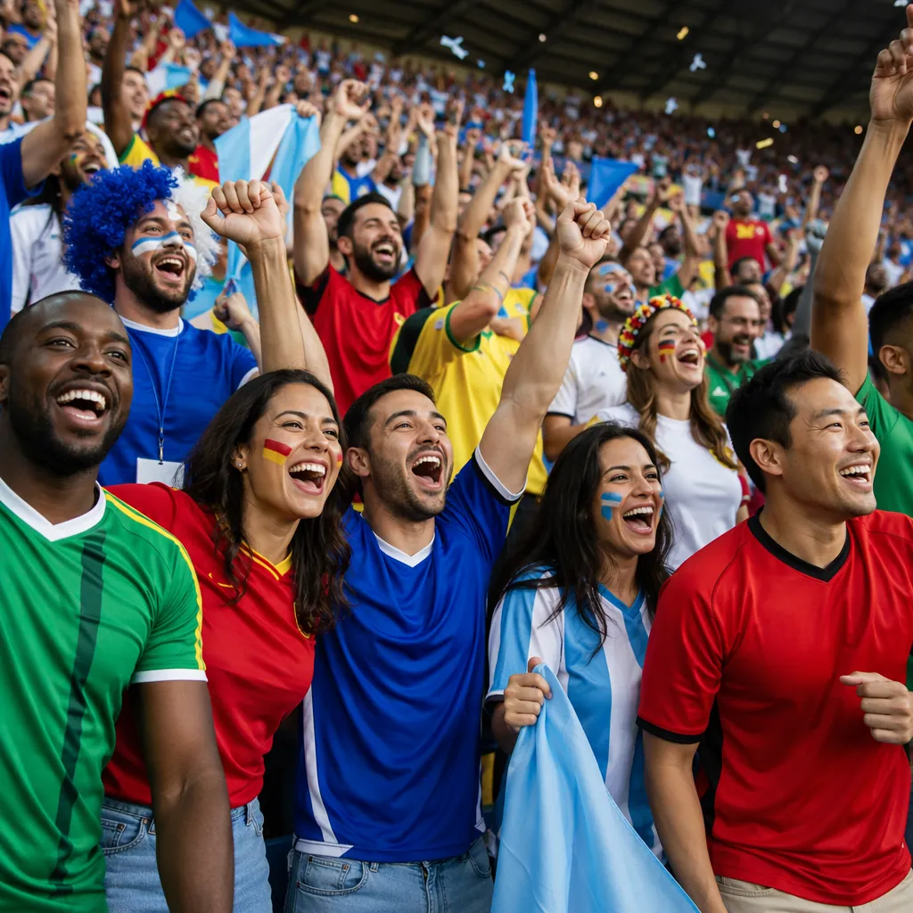 Wide shot of a diverse group of football fans celebrating in a stadium, wearing 