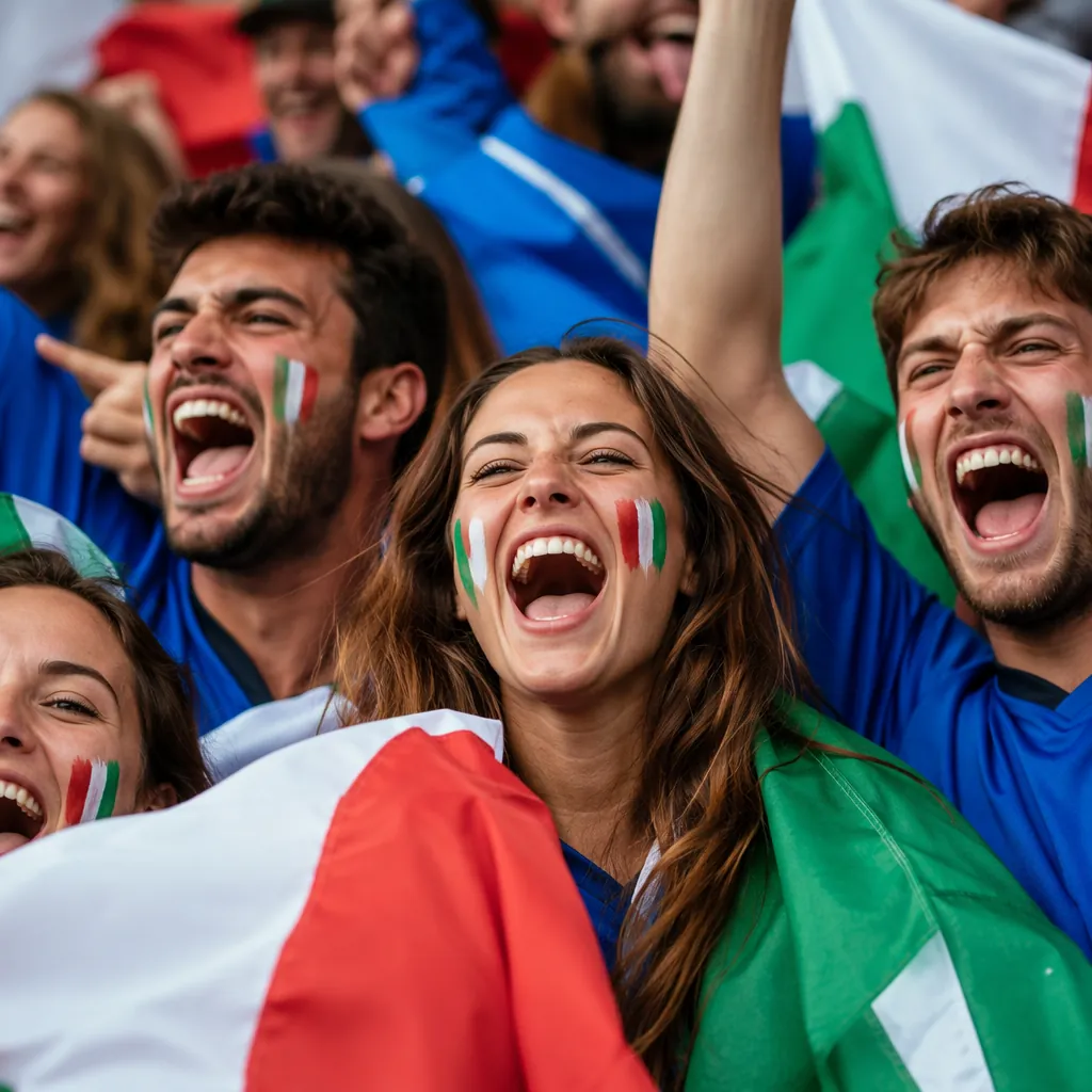 Close up shot of a group of football fans holding national flags and celebrating