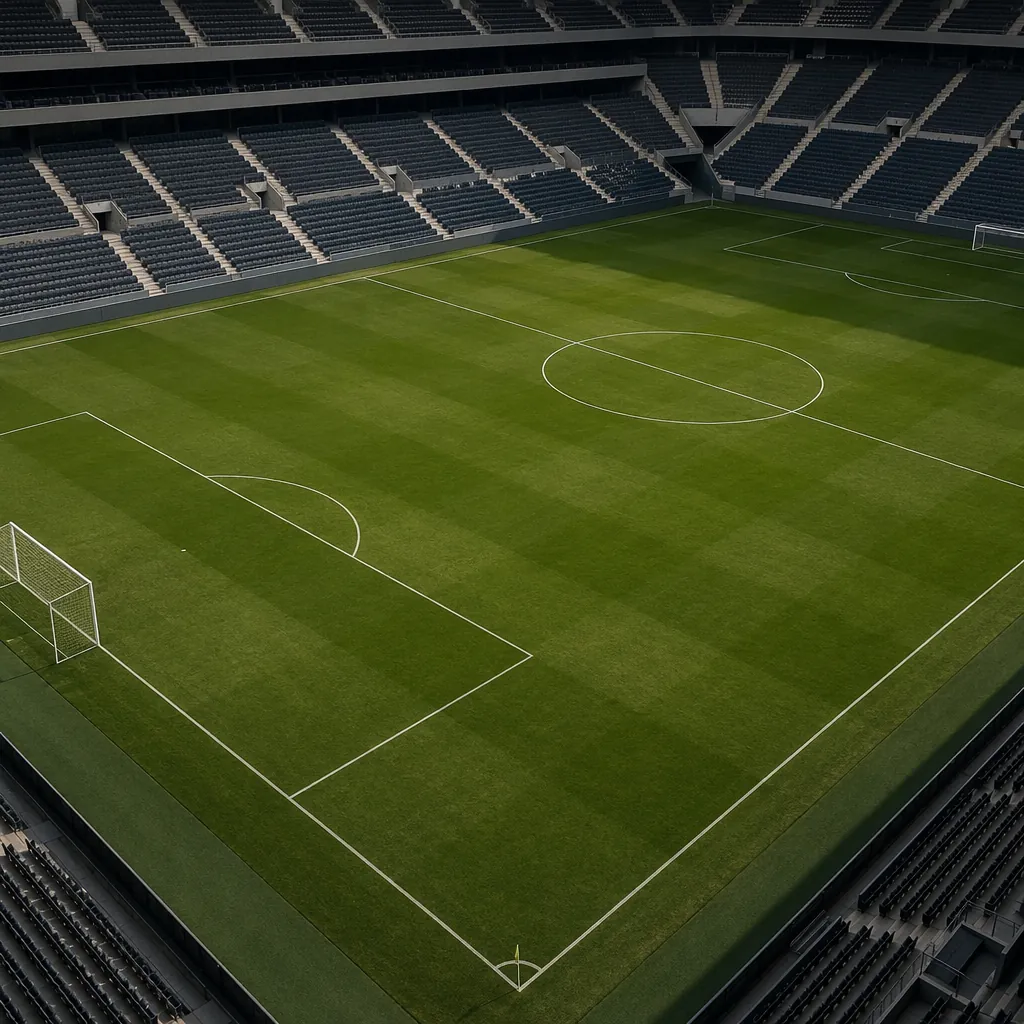 High angle shot of a well-maintained football pitch with white boundary lines, e