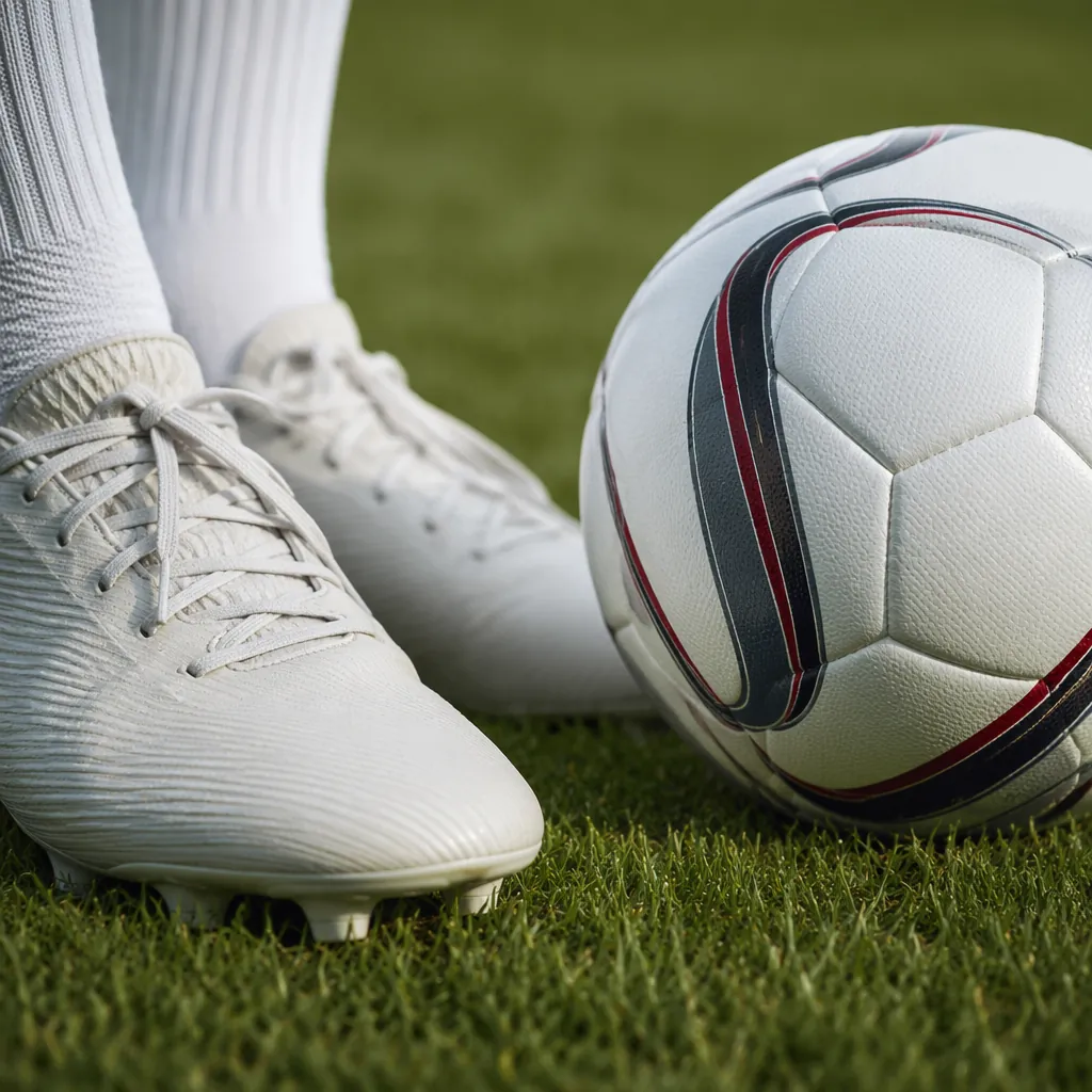 Close up of generic unbranded football boots and a match ball on green grass, no