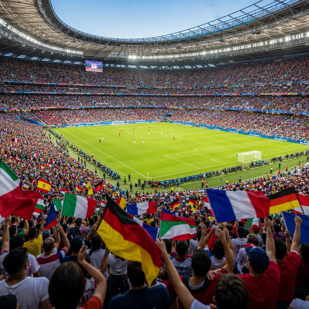 Wide shot of a packed World Cup stadium interior with fans waving generic nation