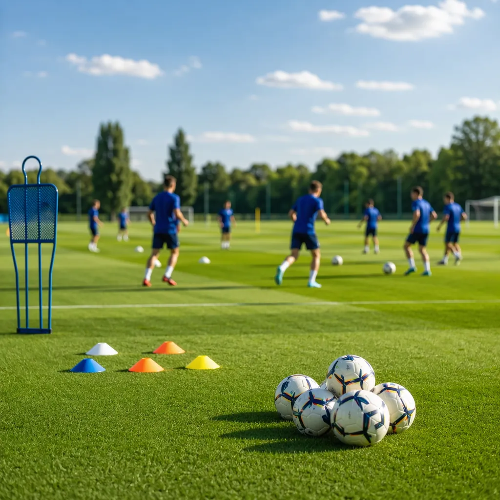Wide shot of a professional football training pitch, blurred young players in bl