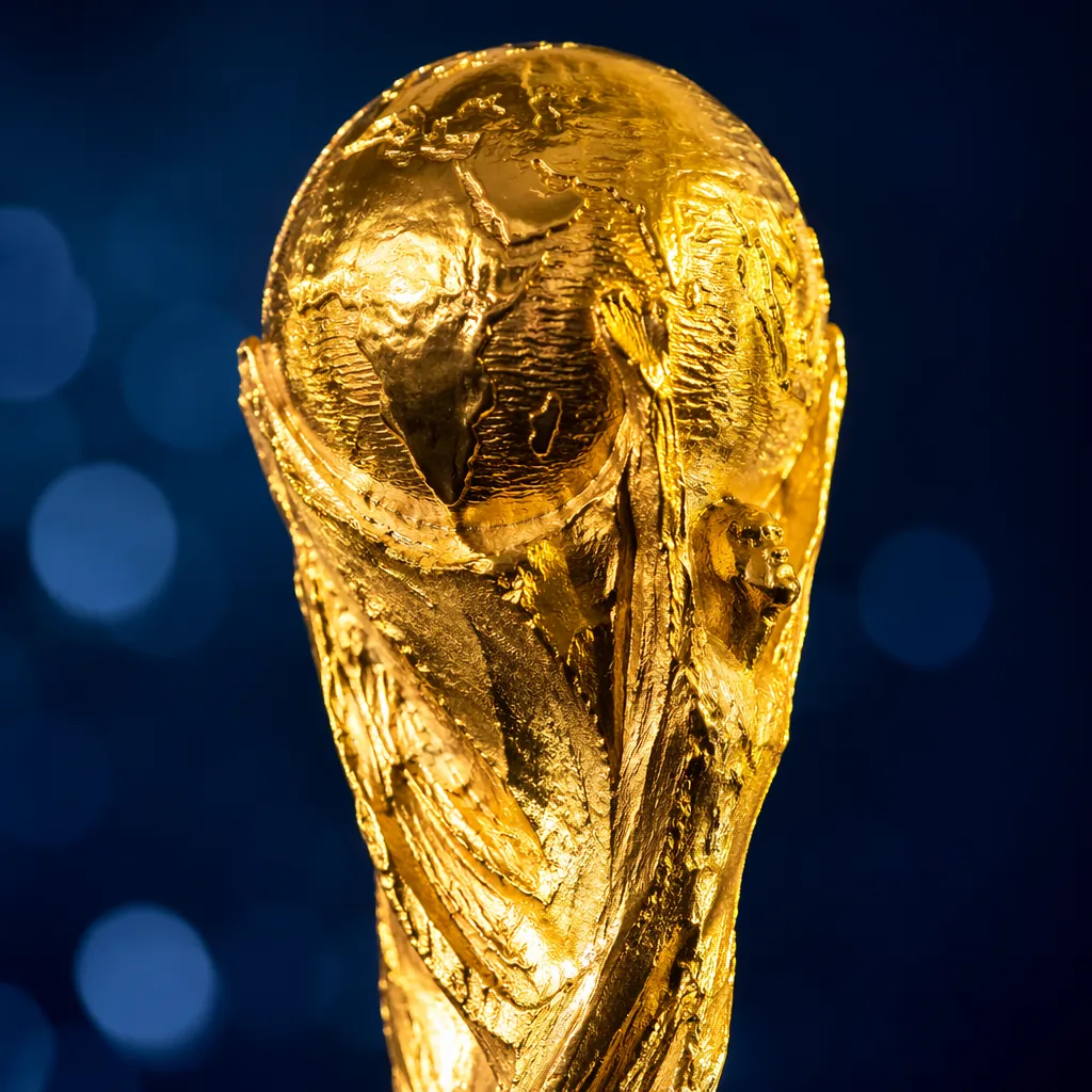 Close up shot of a golden World Cup trophy replica on a dark blue background, so