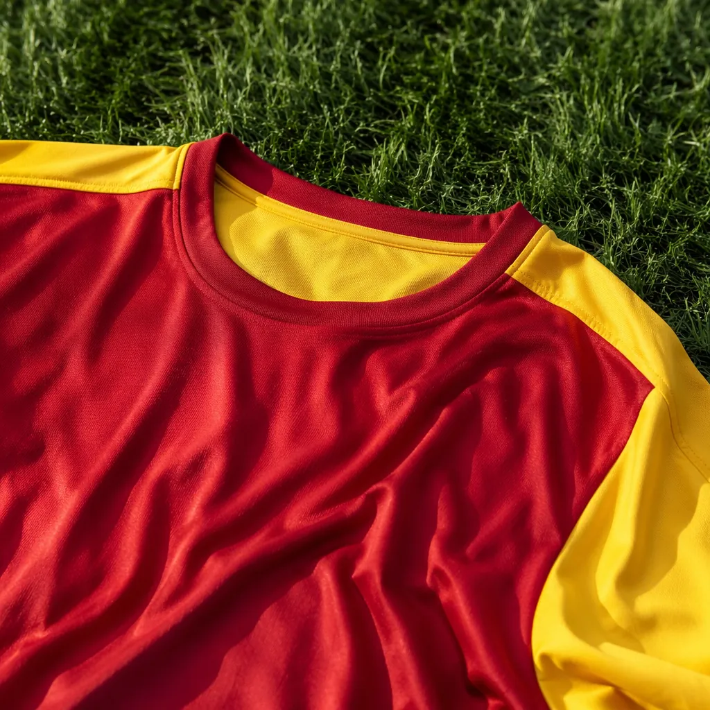 Close up shot of a red and yellow football jersey laid on green grass pitch, sof
