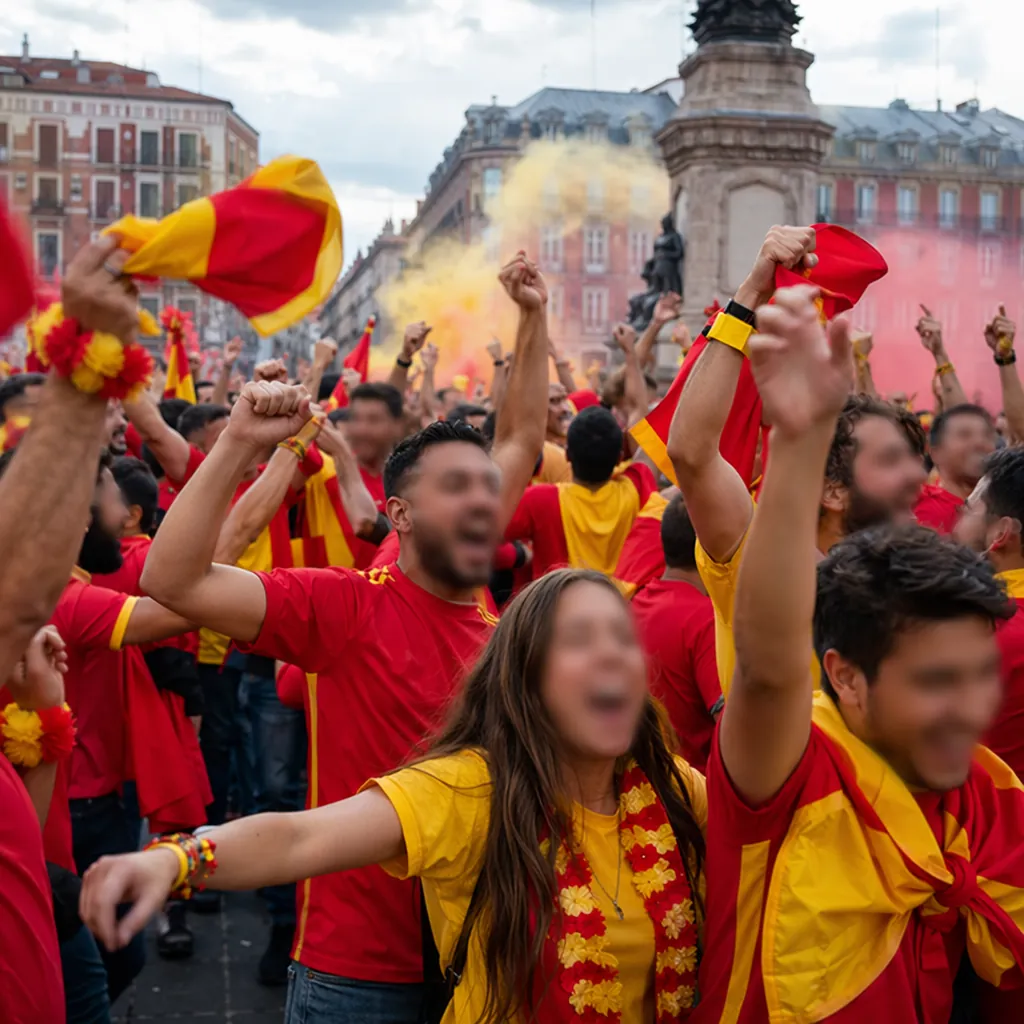 Wide shot of a group of football fans wearing red and yellow clothing celebratin