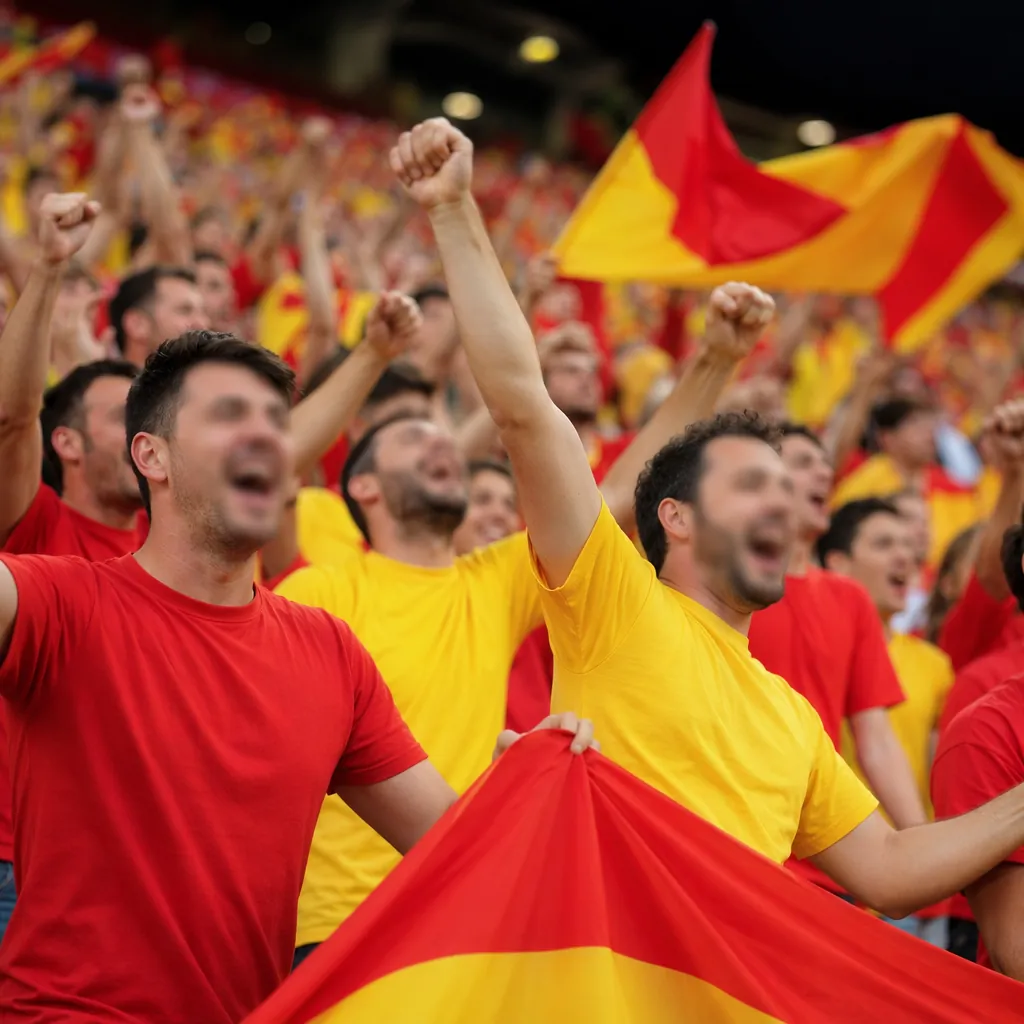 Group of football fans wearing red and yellow plain jerseys cheering in a stadiu