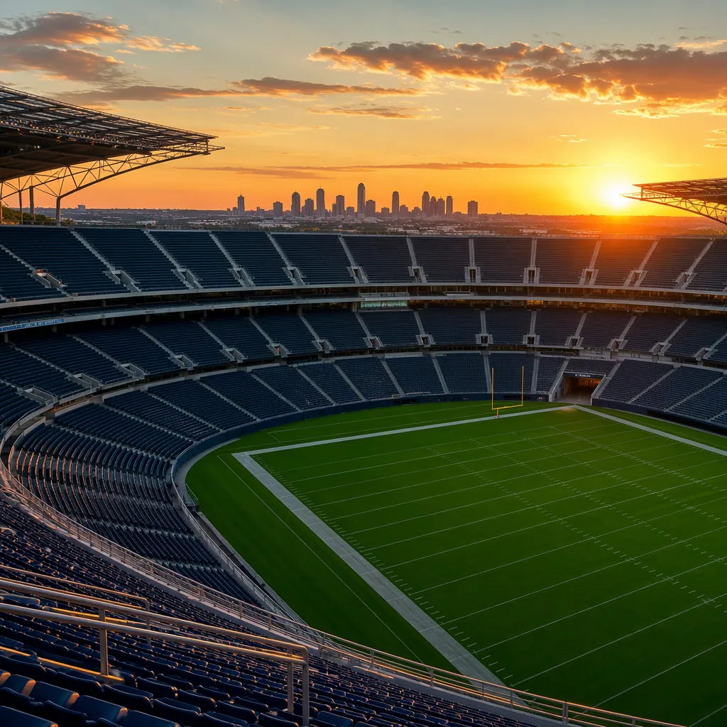 Wide shot of a modern football stadium in North America during sunset, green pit