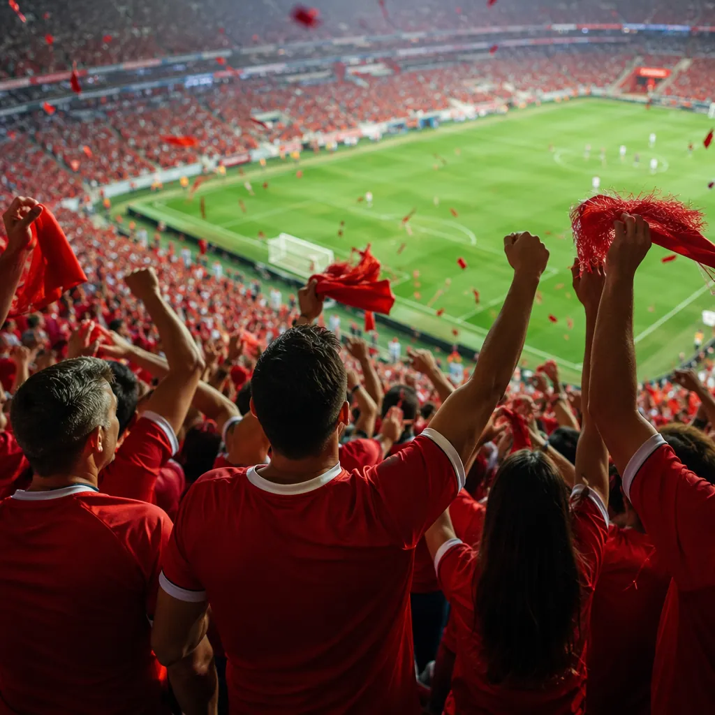 Wide shot of football fans wearing red jerseys cheering in a stadium, colorful a