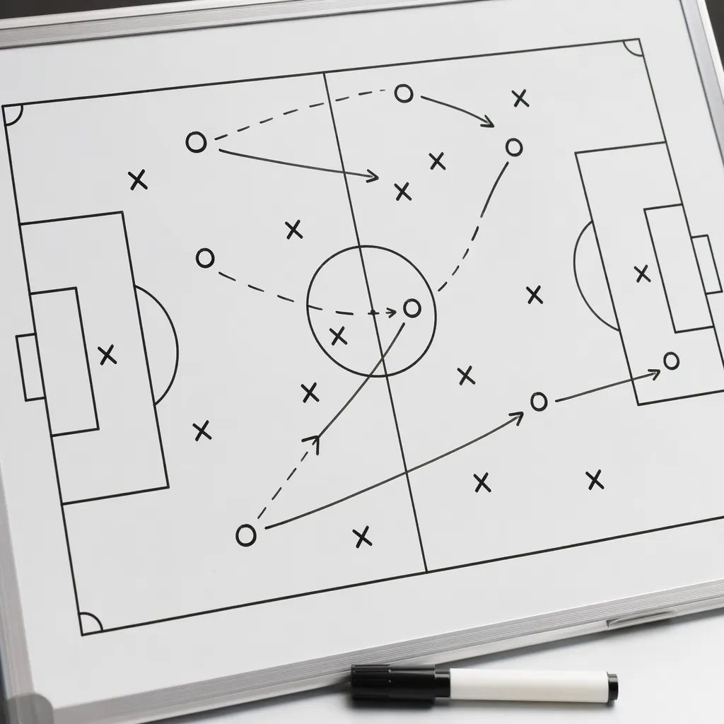 Tactical board with generic football formation diagrams, white board with marker