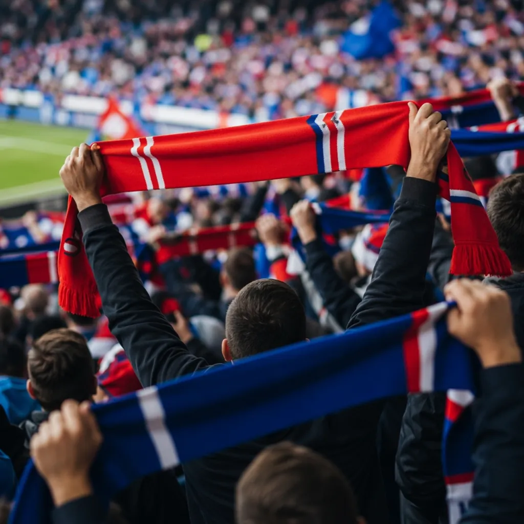 Football fans holding generic team scarves in red and blue colors, cheering in s