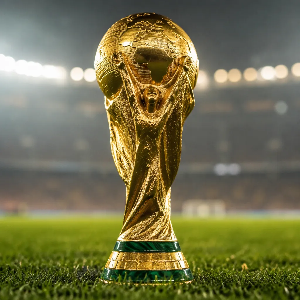 Close up shot of a golden World Cup trophy sitting on a green pitch, soft stadiu