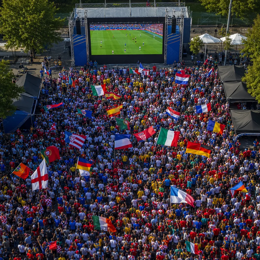 Aerial view of a lively outdoor fan zone with supporters waving various national