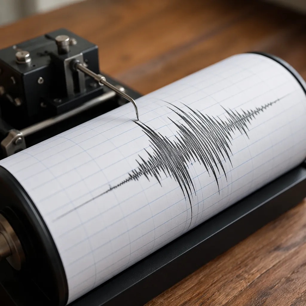 Close up of a seismograph machine drawing a zigzag line on paper, placed on a wo