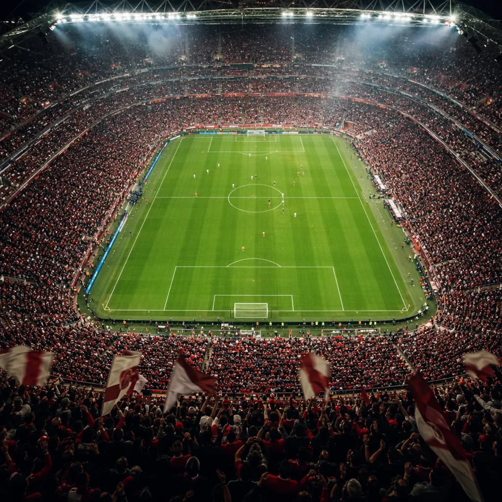 Aerial shot of a football stadium full of cheering fans during a match, bright s