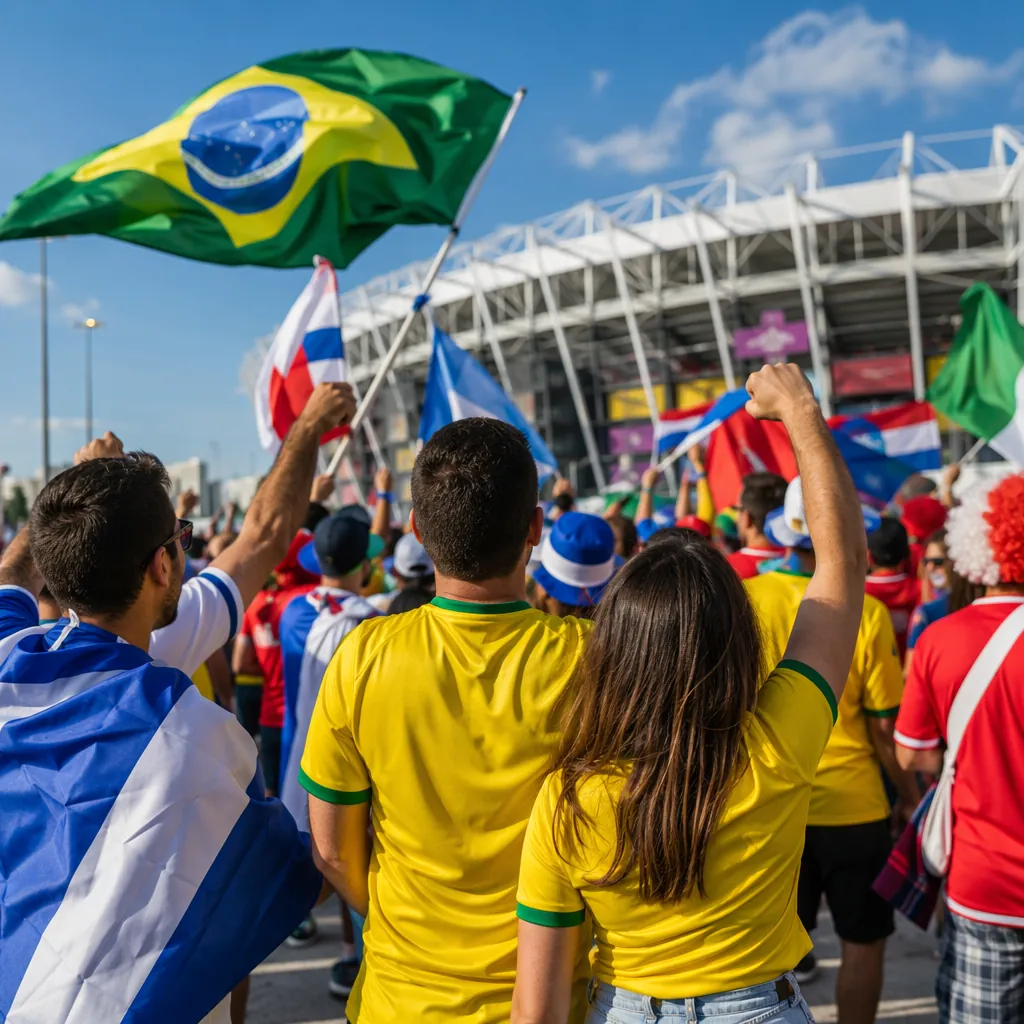 Group of football fans wearing generic national team jerseys gathering outside a