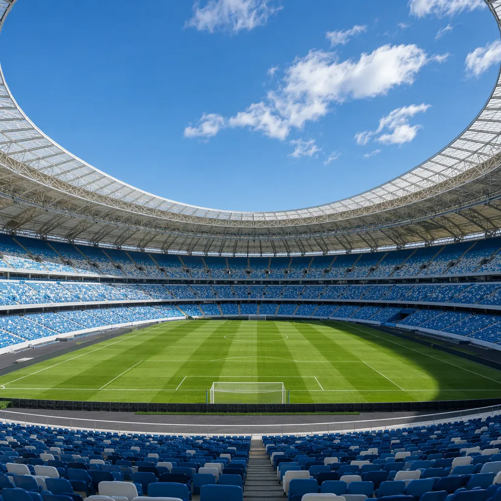 Wide shot of a modern World Cup football stadium with blue sky, green pitch, emp