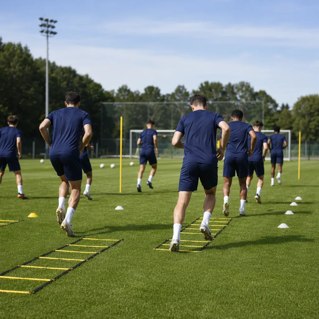 Wide shot of a generic football training ground, unbranded jerseys worn by anony