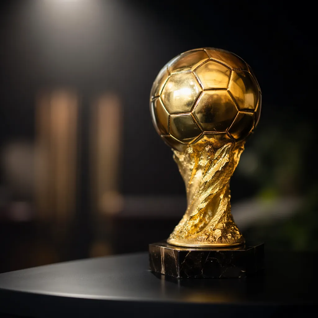 Soft focus shot of a generic golden football trophy replica placed on a dark tab