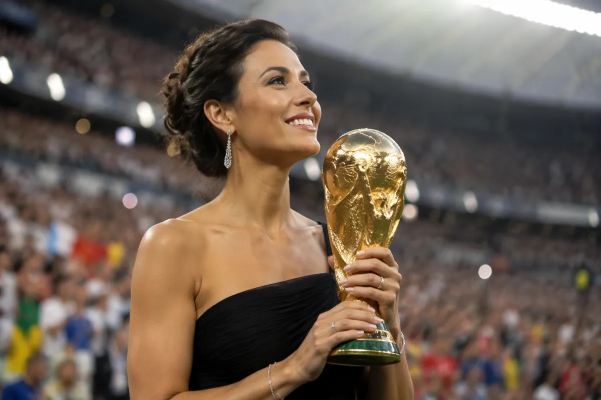 Golden FIFA World Cup trophy held by a female figure in elegant formal wear, blurred backg