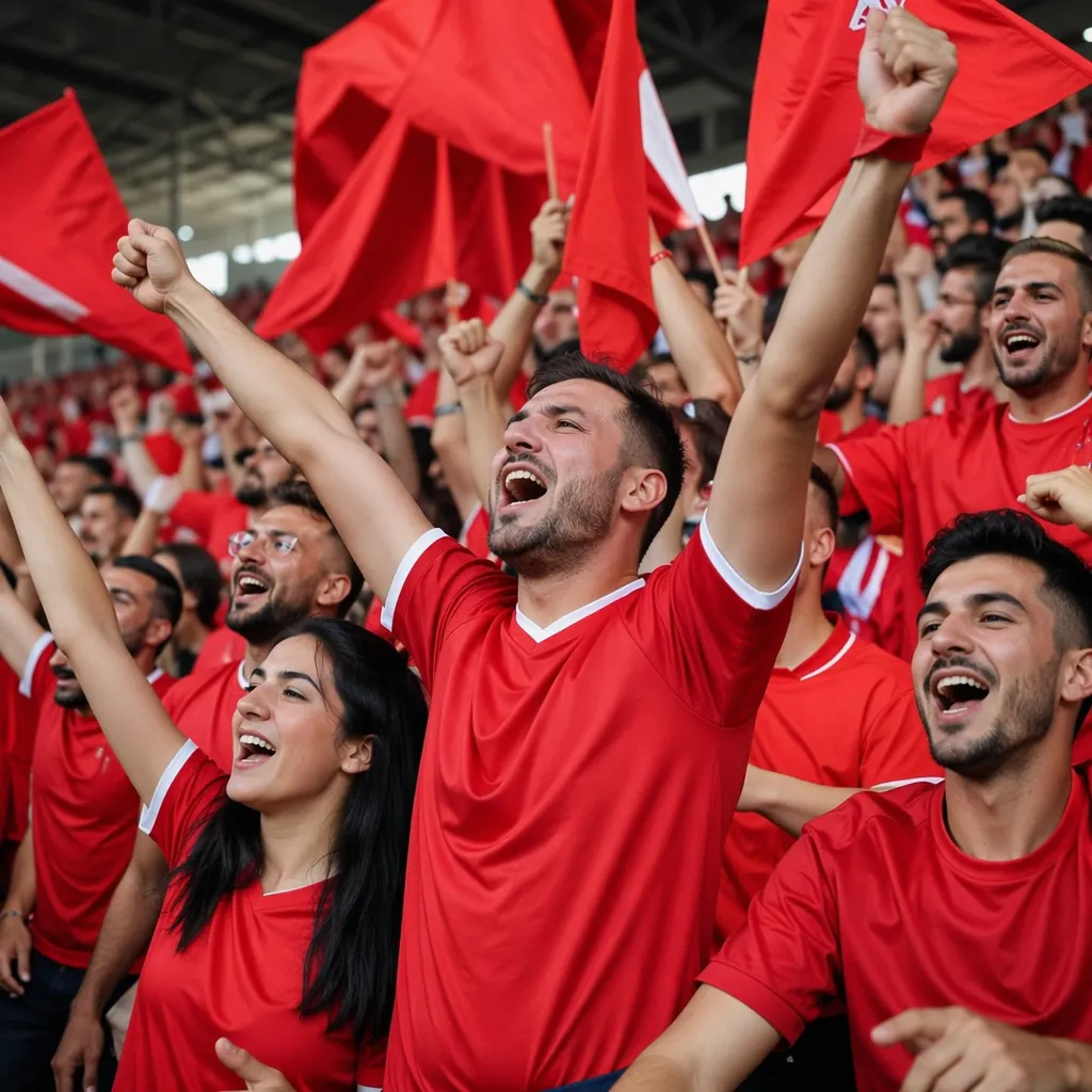 Group of football fans wearing red national team jerseys waving flags and cheeri