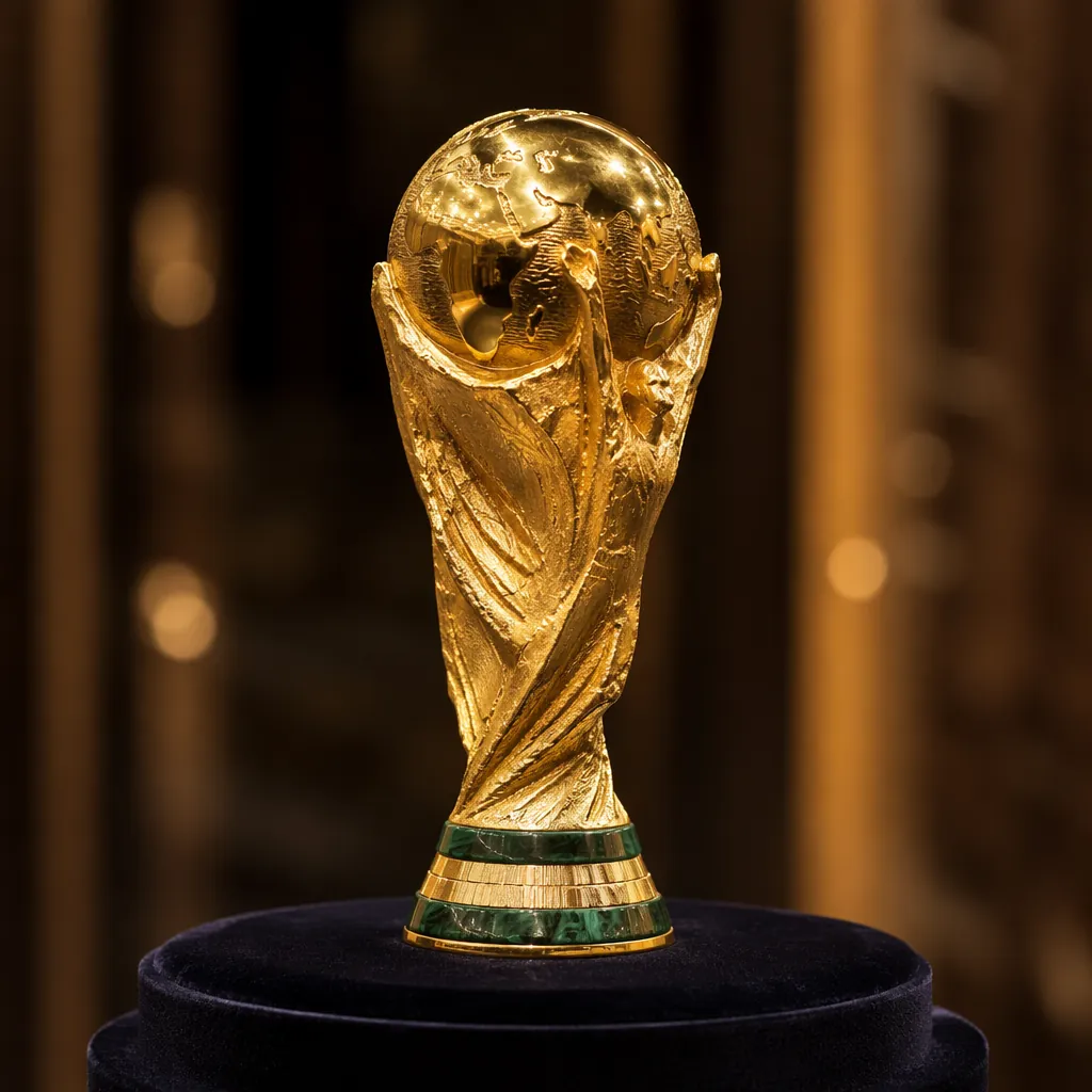 Close-up shot of the golden World Cup trophy placed on a dark velvet display sta
