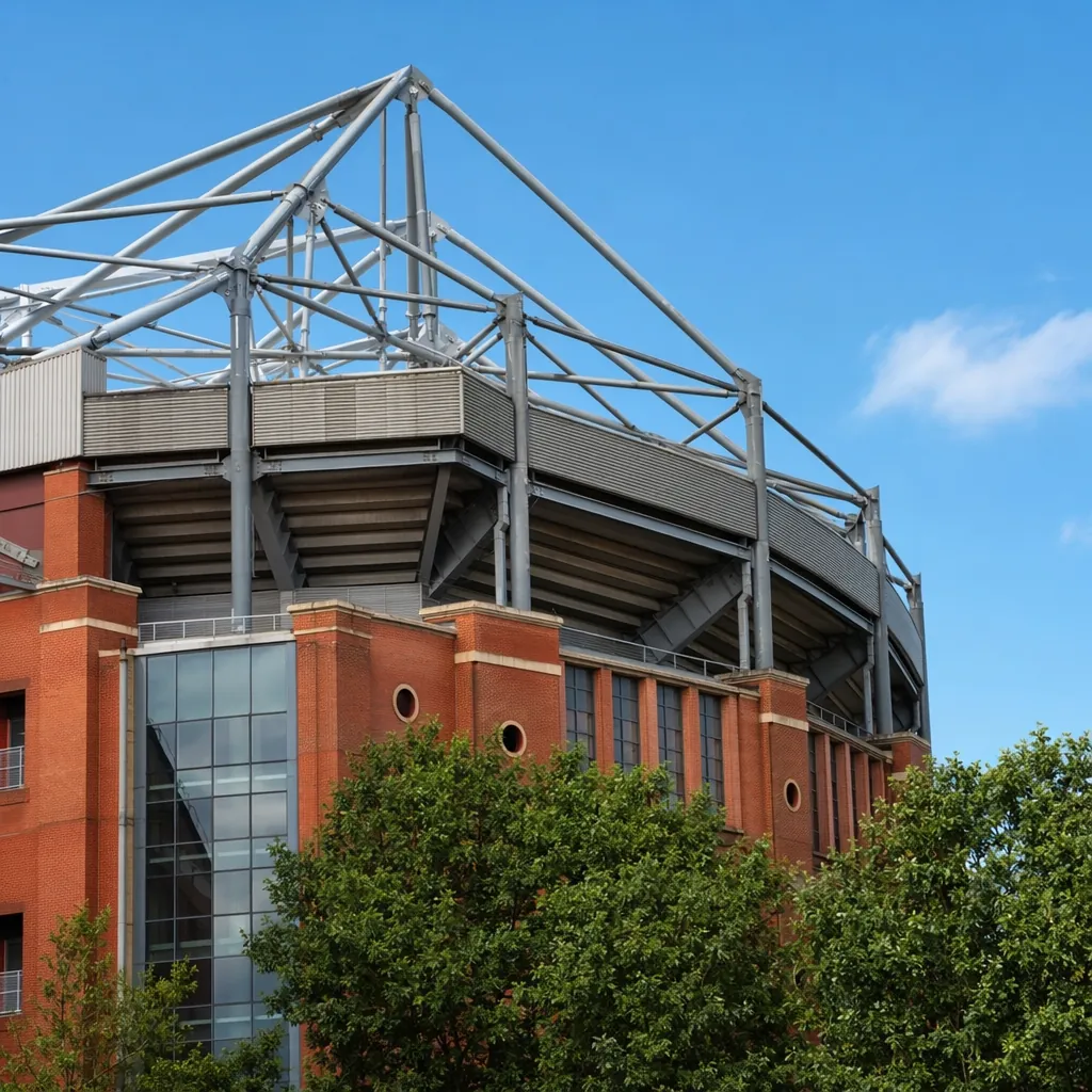 Close-up exterior shot of a classic iconic football stadium under clear blue sky
