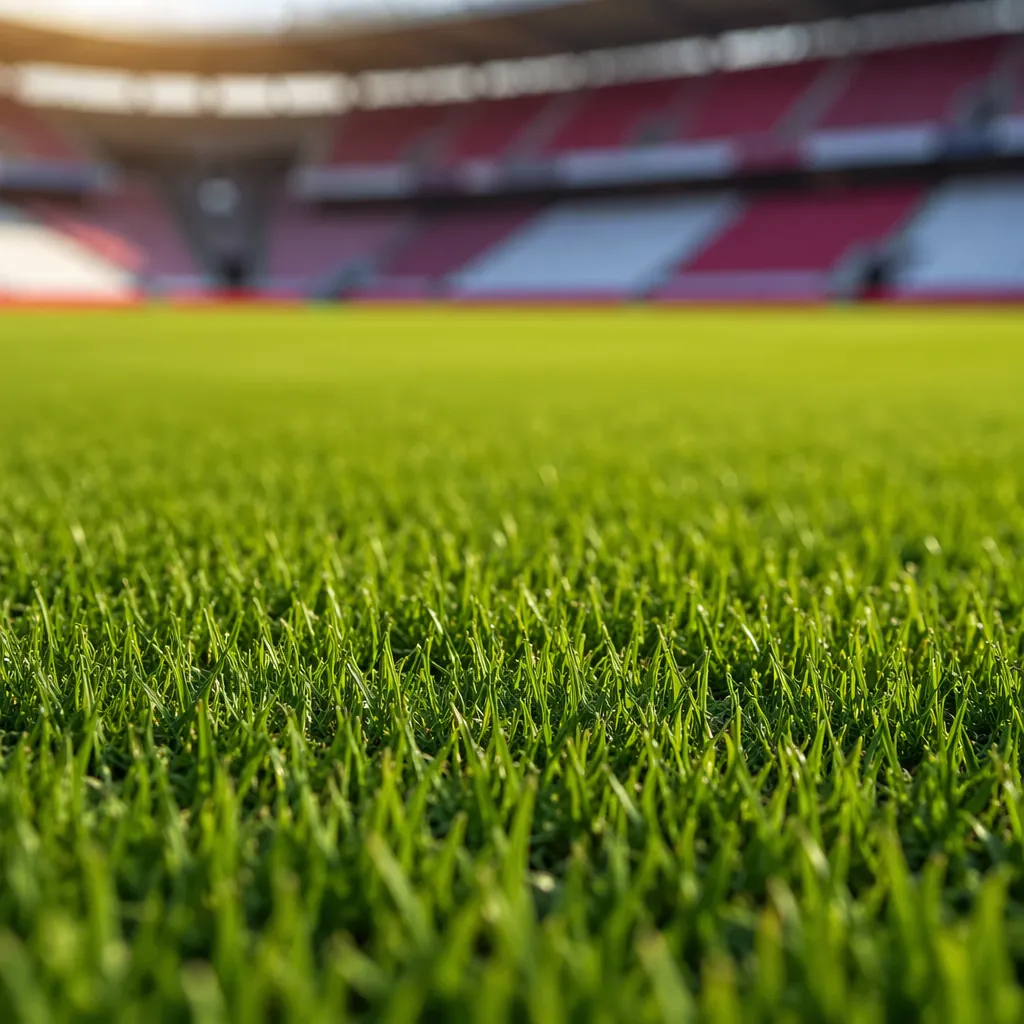 Close up shot of a well-maintained football stadium pitch with stadium seating i