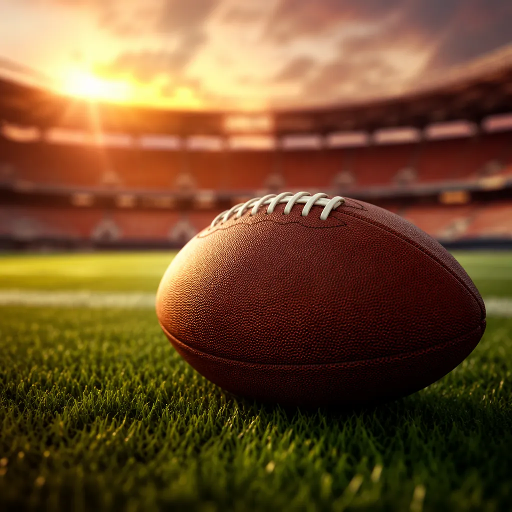 Close-up of a generic football on a green pitch with blurred stadium seats in th