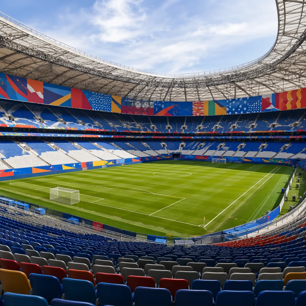Wide shot of a modern football stadium interior with empty seats, colorful World