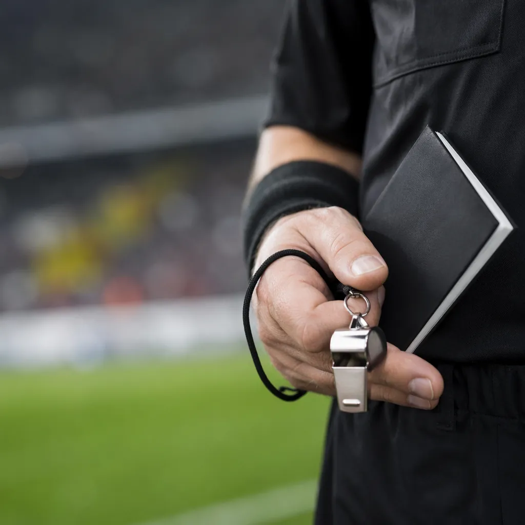 Close up of soccer referee hand holding whistle and official rule book, soft foc